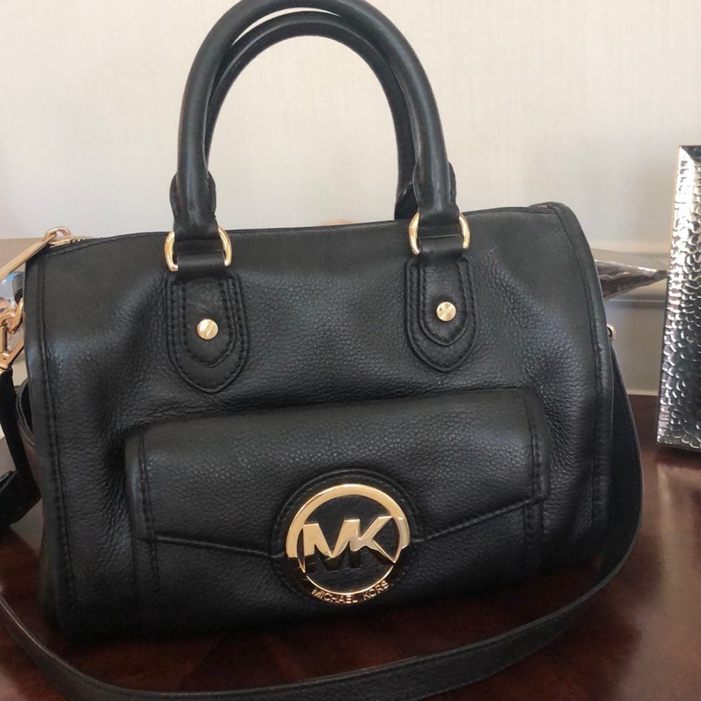 Michael Kors Black Satchel Handbag Crossbody Gold Leather MK Purse
